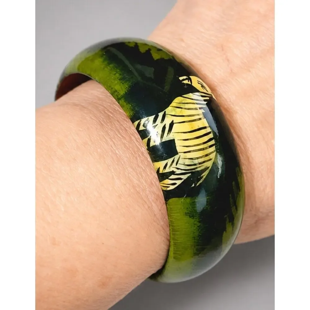 Vintage Enameled Jungle Print Zebra Wide Bangle Bracelet, Green- Tribal bn-1
